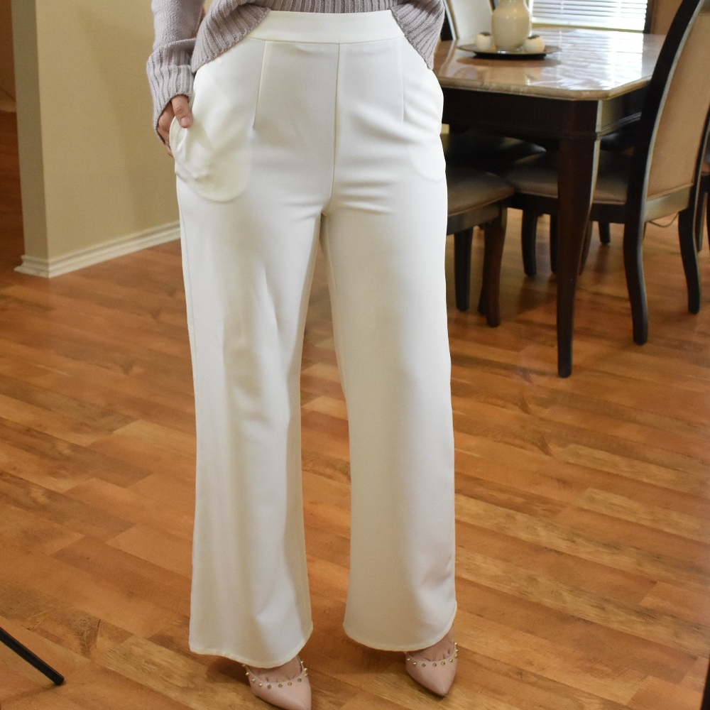 🏷 SALE - High Waist Wide Leg White Pants - Picture 2 of 8